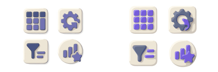 3D UI icon set with settings gear, filter funnel, analytics graph, and menu grid for web and mobile application interface design