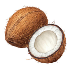 Whole and halved ripe coconut showing fibrous husk and white flesh isolated on transparent background