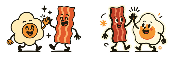 Cartoon bacon and egg characters giving a high five, retro friends for breakfast food concepts isolated on white