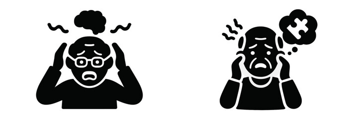 Elderly person with dementia and Alzheimer's disease icon set showing memory loss, confusion, and headache symptoms