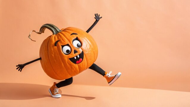 Halloween pumpkin with cartoon face,arms,and legs wearing shoes, skipping against light orange background for websites or blogs related to holidays,family fun,or seasonal events