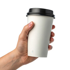 Hand holding a white disposable coffee cup with a black lid isolated on transparent background