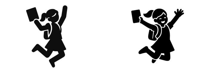 Energetic young students jumping with excitement, holding books and wearing backpacks, celebrating academic achievement