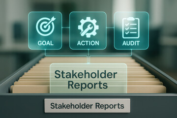 Stakeholder reports folder with goal, action, and audit icons representing business process