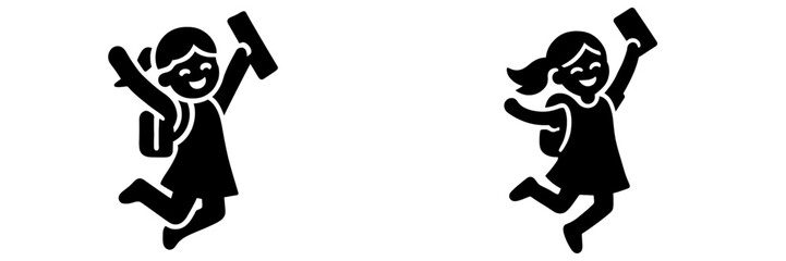 Cheerful elementary school children jumping with excitement, holding textbooks and wearing backpacks, symbolizing academic success and happiness