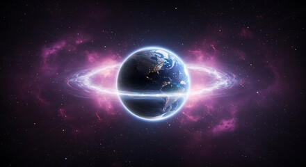 Obraz premium A stunning view of planet earth surrounded by a glowing ring and a nebula in the vast expanse of space