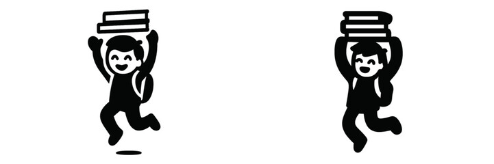 Cheerful young student with backpack carrying a stack of books overhead ready for the new school year