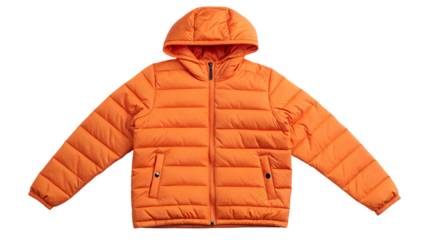 Bright orange puffer jacket for winter fashion with warm hooded design and stylish quilted pattern