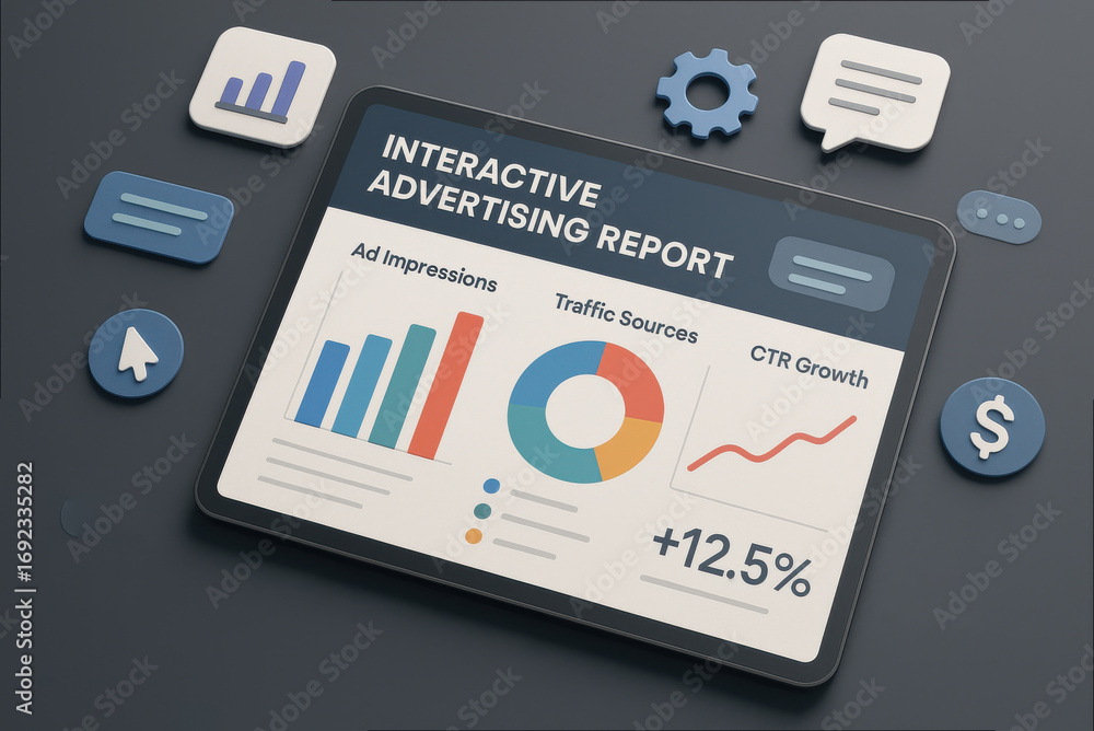 Poster interactive advertising report with charts and icons tablet screen showing growth and data