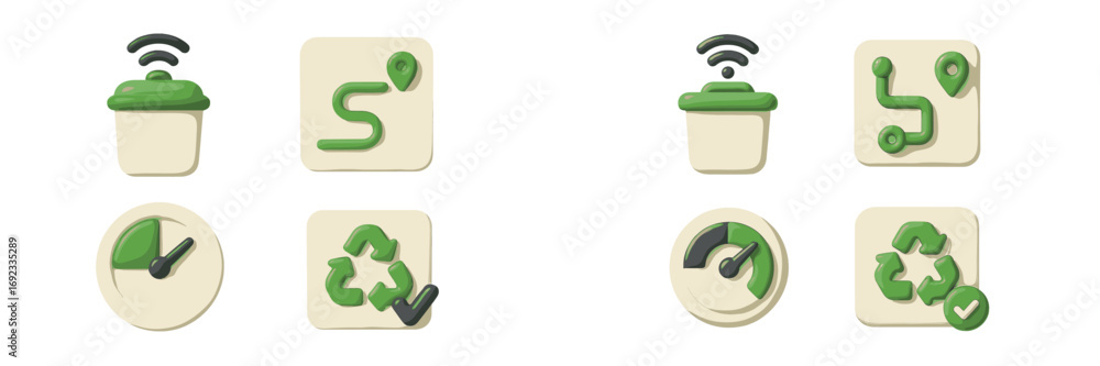 Poster modern 3d icons for eco-friendly technology featuring a smart trash can, gps navigation route, clock