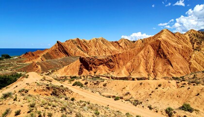 Fototapeta premium Red sandstone mountains meet sea