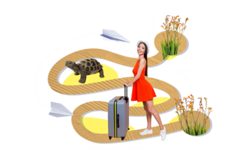 Composite photo collage of happy girl passengers hold suitcase airport leaving paper plane exotic flower isolated on painted background