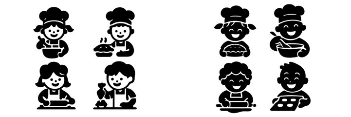 Monochrome silhouettes of smiling young chefs and bakers engaged in kitchen activities like mixing ingredients, rolling dough, and decorating desserts