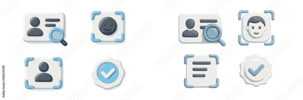 Poster 3d icon set for user verification, facial recognition, and security with id card, profile search, an