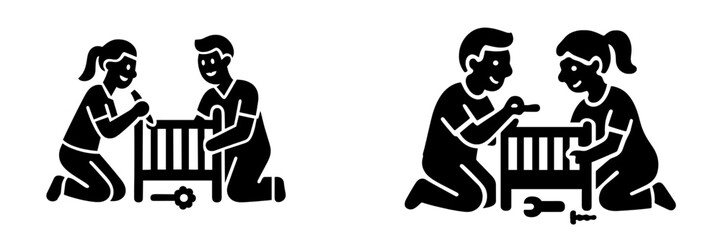 Couple assembling a baby crib together black glyph icon set for preparing for a new baby and family life