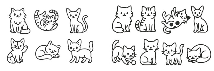 Set of cute cartoon cat characters in various poses including sitting, sleeping, and playing with a simple black and white line art design