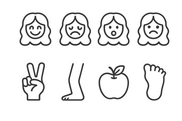 Set of minimalist line icons featuring female faces with various emotions, body parts like a hand making a peace sign, leg, and foot, and an apple fruit