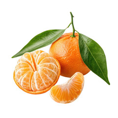 Fresh ripe mandarin orange fruit with leaves and segments isolated on transparent background