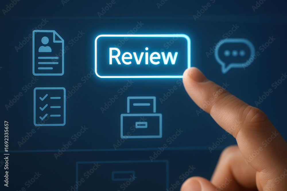 Poster review button being pressed on digital interface with icons for document, checklist, and chat