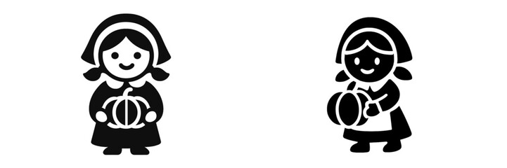 Pilgrim girl holding a pumpkin icon for Thanksgiving holiday celebration black and white silhouette graphic element