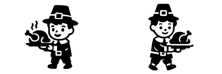 Black and white icon set of a pilgrim boy in traditional costume holding a platter with a roasted turkey for Thanksgiving dinner