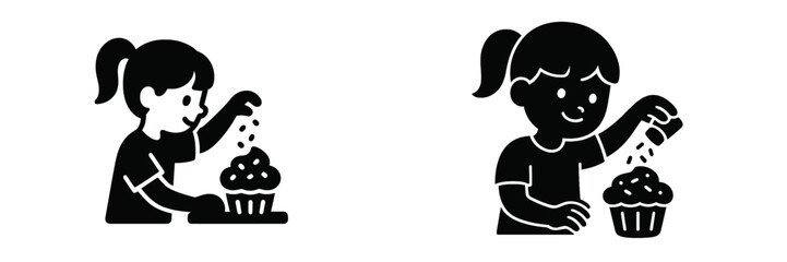 Young girl with a ponytail happily decorating a frosted cupcake with sprinkles, a simple black and white silhouette concept for baking and dessert activities