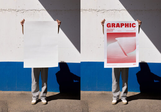 Mockup Of Man Holding Vertical Customizable Poster Over Face