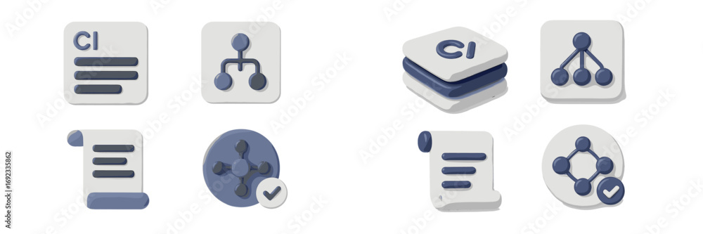 Poster set of business process and data management symbols for corporate identity, network connection, and 