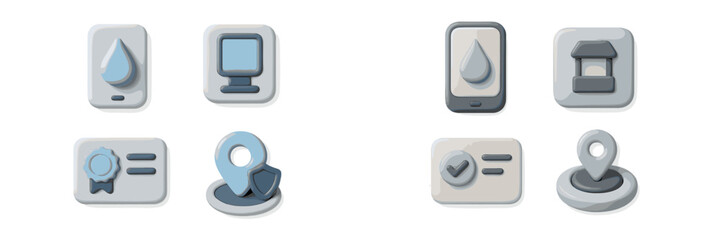 A set of 3D icons representing business and technology concepts including location pin, certificate, computer, and smartphone for UI design