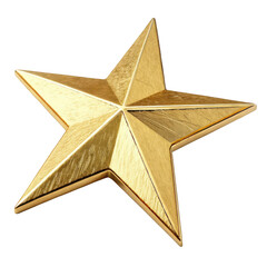 A single metallic golden five pointed star shape with sharp edges and a reflective surface isolated on transparent background