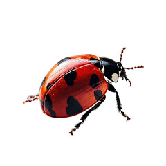A tiny red ladybug, a small shiny insect, is isolated on a white background.