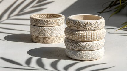  Stacked Textured Ceramic Rings in Elegant Shadows.