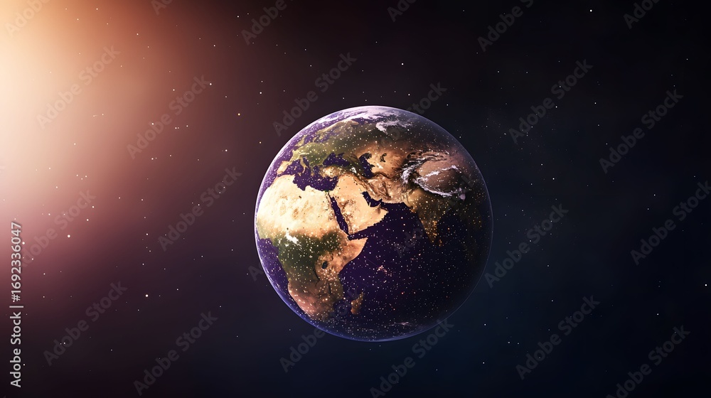 Poster the image features a beautiful and detailed view of planet earth floating in the vastness of space, 