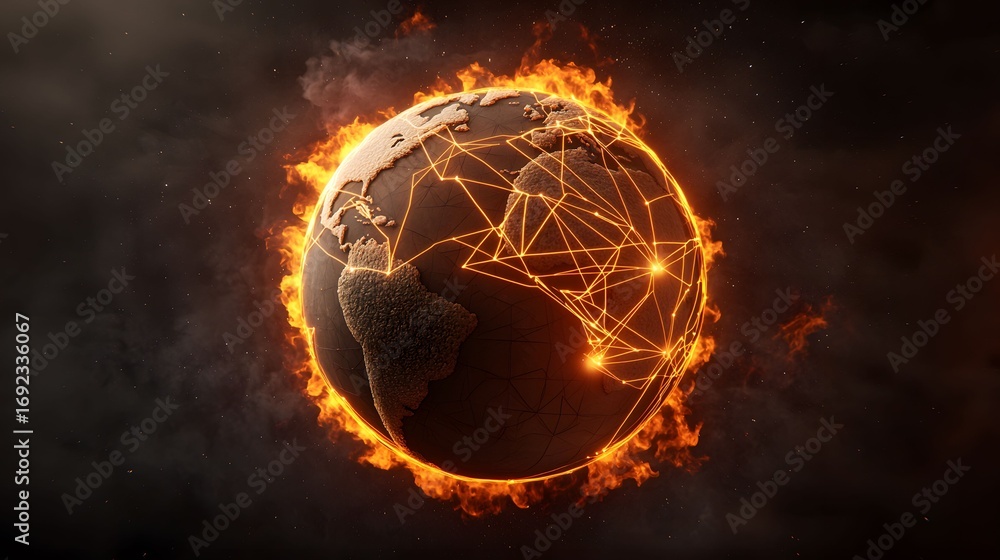 Poster a fiery globe with glowing networks displays global connectivity, surrounded by flames set against a