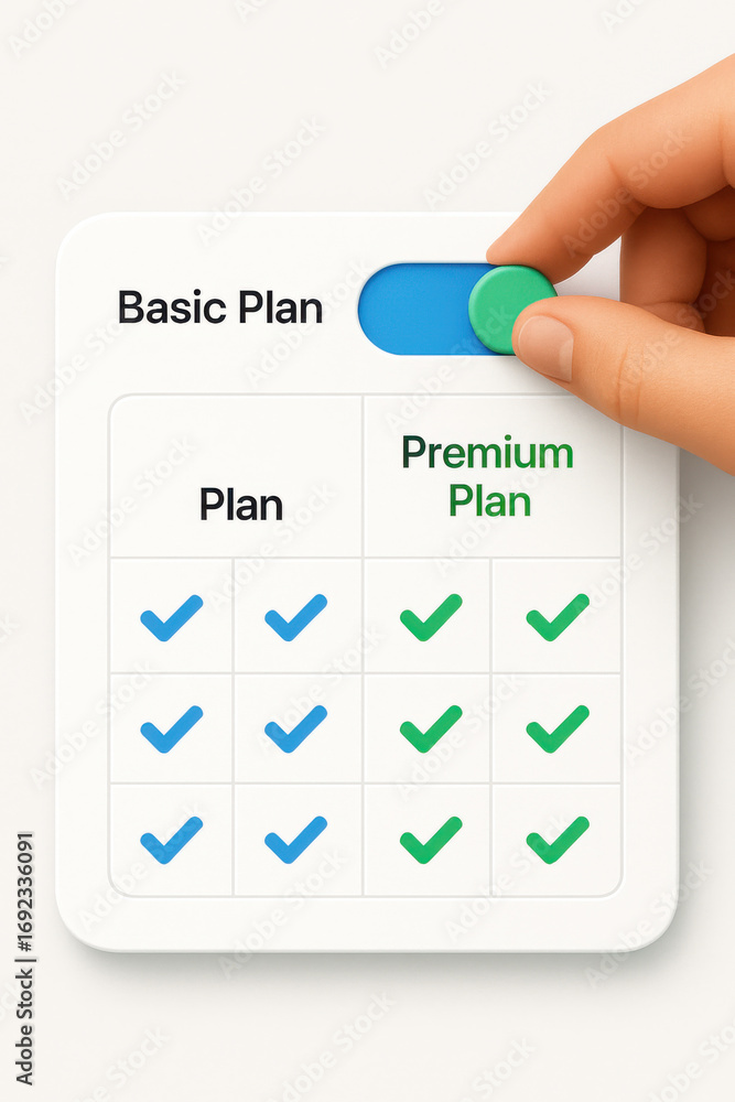 Aufkleber basic plan and premium plan comparison with toggle switch and check marks showing features
