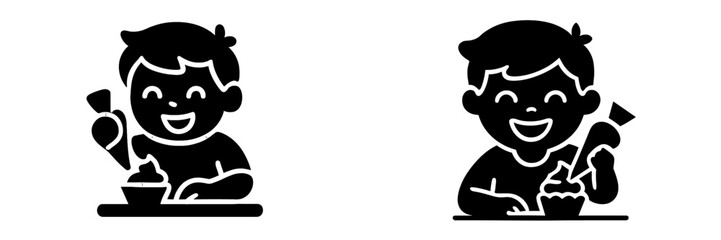 Black and white glyph icon set of a happy child decorating a cupcake with frosting using a pastry bag for baking and dessert concepts