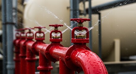 Red Fire Sprinkler System with Water Spraying in an Industrial Setting Against a Blurred Background