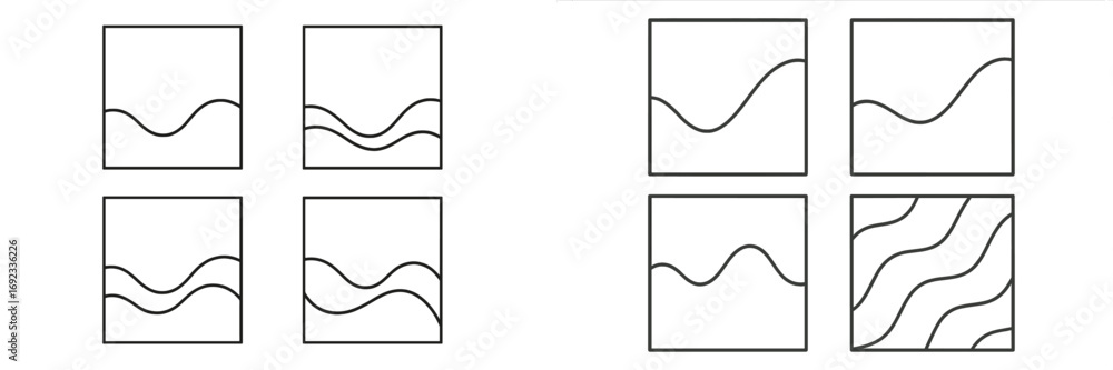 Poster set of minimalist abstract wavy line icons for modern design, simple geometric curve patterns and fl