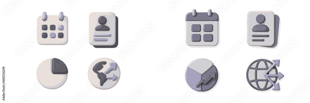 Poster collection of modern business icons in a soft, minimal style featuring calendar, user profile, pie c