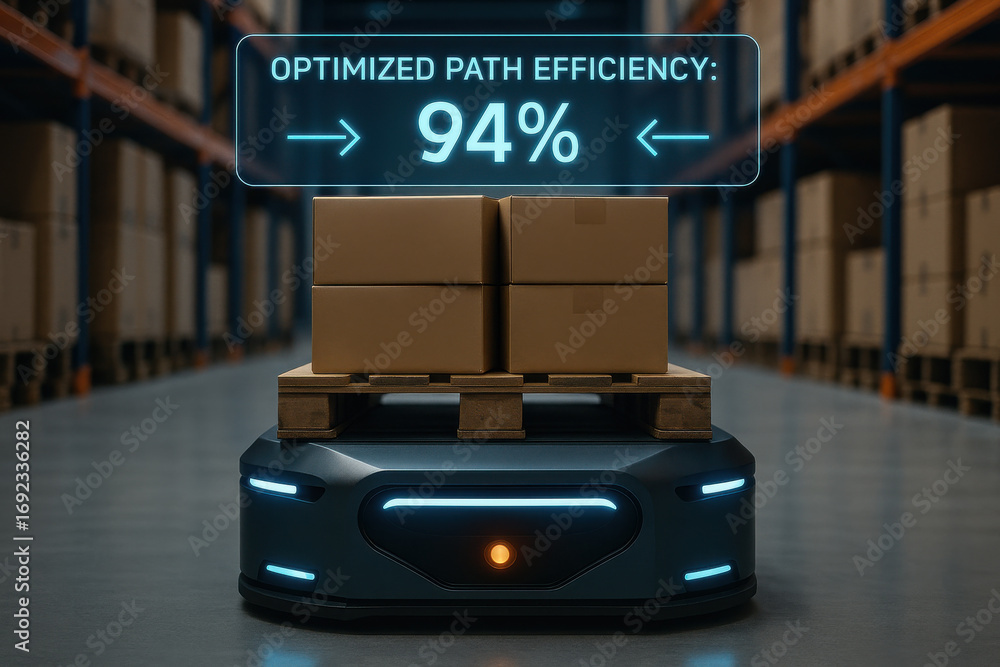 Poster automated warehouse robot carrying cardboard boxes with 94 percent optimized path efficiency