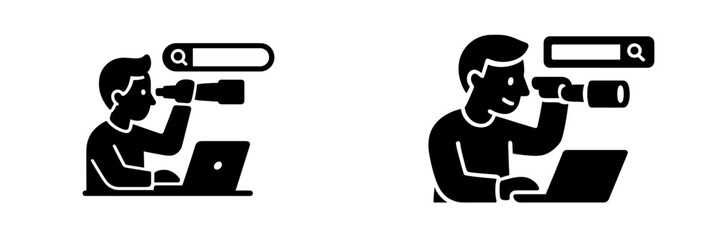 Person with a telescope and laptop computer searching online with a search bar icon for research and discovery concepts
