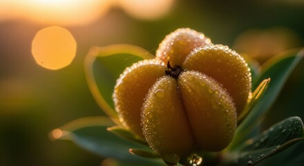 Captivating close up shot showcasing a yellow flower bud covered in water droplets at sunrise