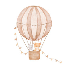 Hot air balloon with cute baby animal and flags. Fox and bunny, watercolor isolated illustrations for poster or card