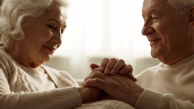 Older man and woman sitting together holding hands - Powered by Adobe