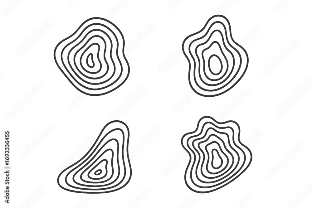 Poster abstract organic shapes with concentric contour lines set, minimalist topographic map elements isola