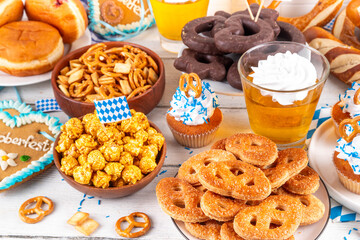 Oktoberfest festive food, with various snacks and desserts