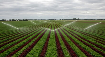 Aerial Perspective of Irrigation System Watering Rows of Lettuce and Red Leaf Lettuce Crops Under a Cloudy Sky, Agricultural Landscape