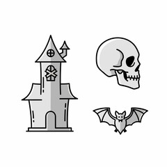 Spooky Halloween Icons: Haunted House, Skull, and Bat on White Background
