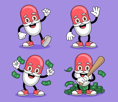 Happy pill cartoon character poses with money and baseball bat