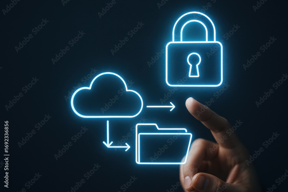 Poster cloud storage security concept with glowing icons and finger pointing on dark background